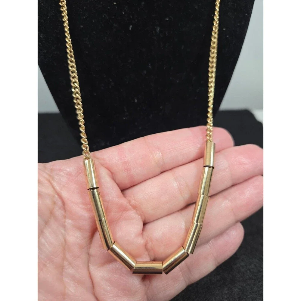 Minimalist Gold Tone Tube Bead Necklace | Dainty Layering Chain Modern Boho